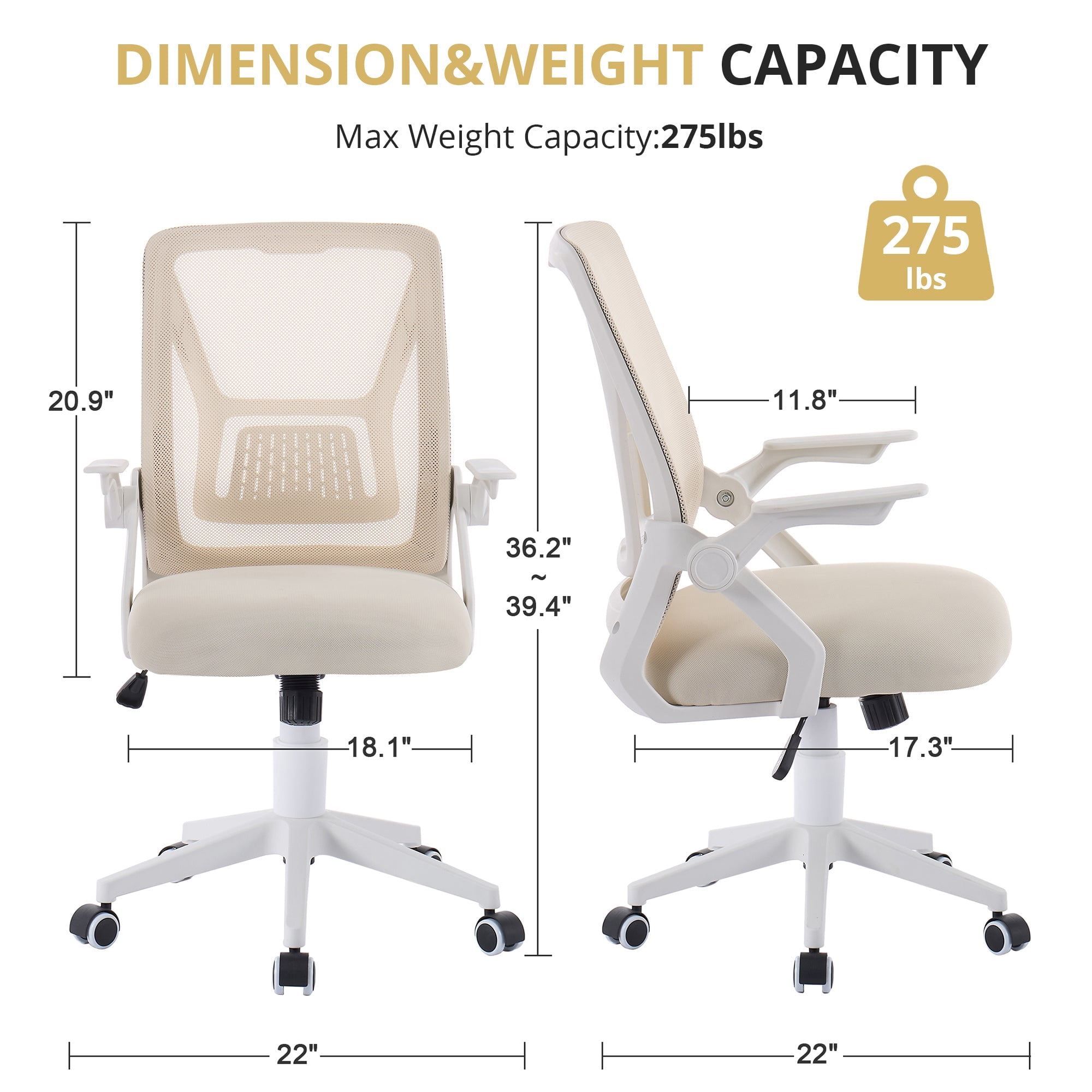 VECELO Mid-Back Swivel Adjustable Ergonomic Office Chair, Mesh Lumbar Support and Adjustable Arms Task Chair for Computer, Beige