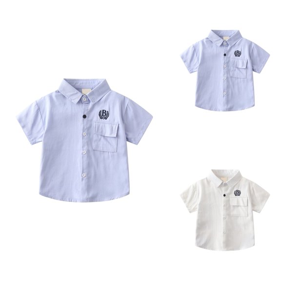 Boys Casual Shirt for Toddler Kids Breathable Loose Fit Embroidered Lapel Button Short Sleeve Top for Daily Wear Outdoor Activities Spring Summer