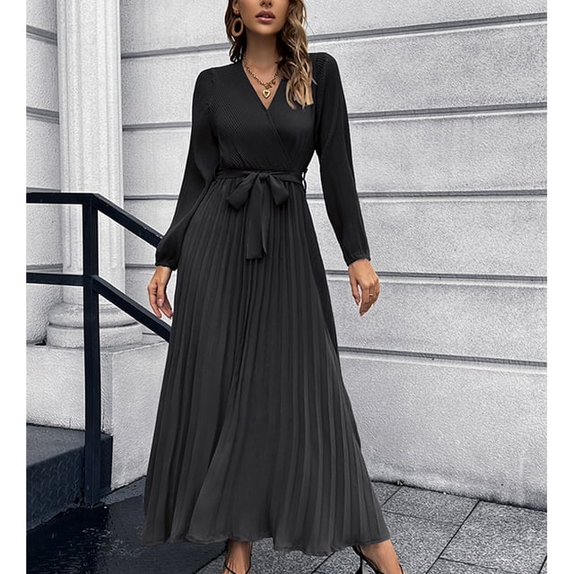 Vestido largo para mujer,Vestido largo para mujer Vestido plisado en V Ropa para mujer Diseño de clase mundial