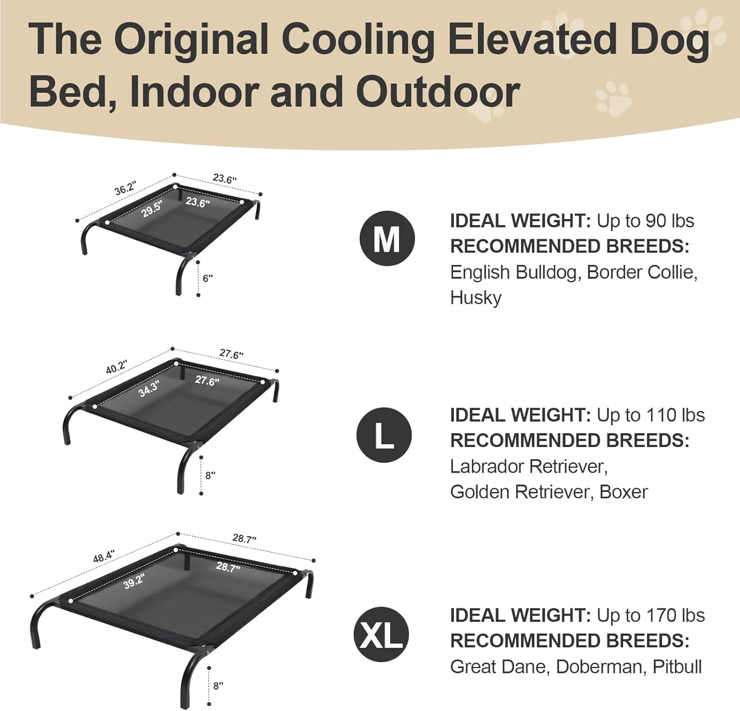 Elevated Dog Bed, X-Large Portable Indoor & Outdoor Cooling Raised Bed, Washable Breathable Mesh Dog Hammock Bed, with Skid-Resistant Feet, Frame with Breathable Mesh, (Black)