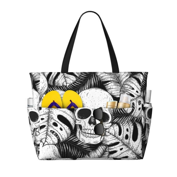 Kdxio Skull and palm leaves for Beach Bag for Women Large Beach Tote Bag Waterproof Sandproof Swim Bag with Zipper Pockets Beach Vacation Travel