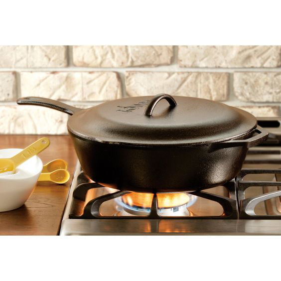 Lodge Pre-Seasoned Cast Deep Skillet with Iron Cover and Assist Handle, 5  Quart, Black