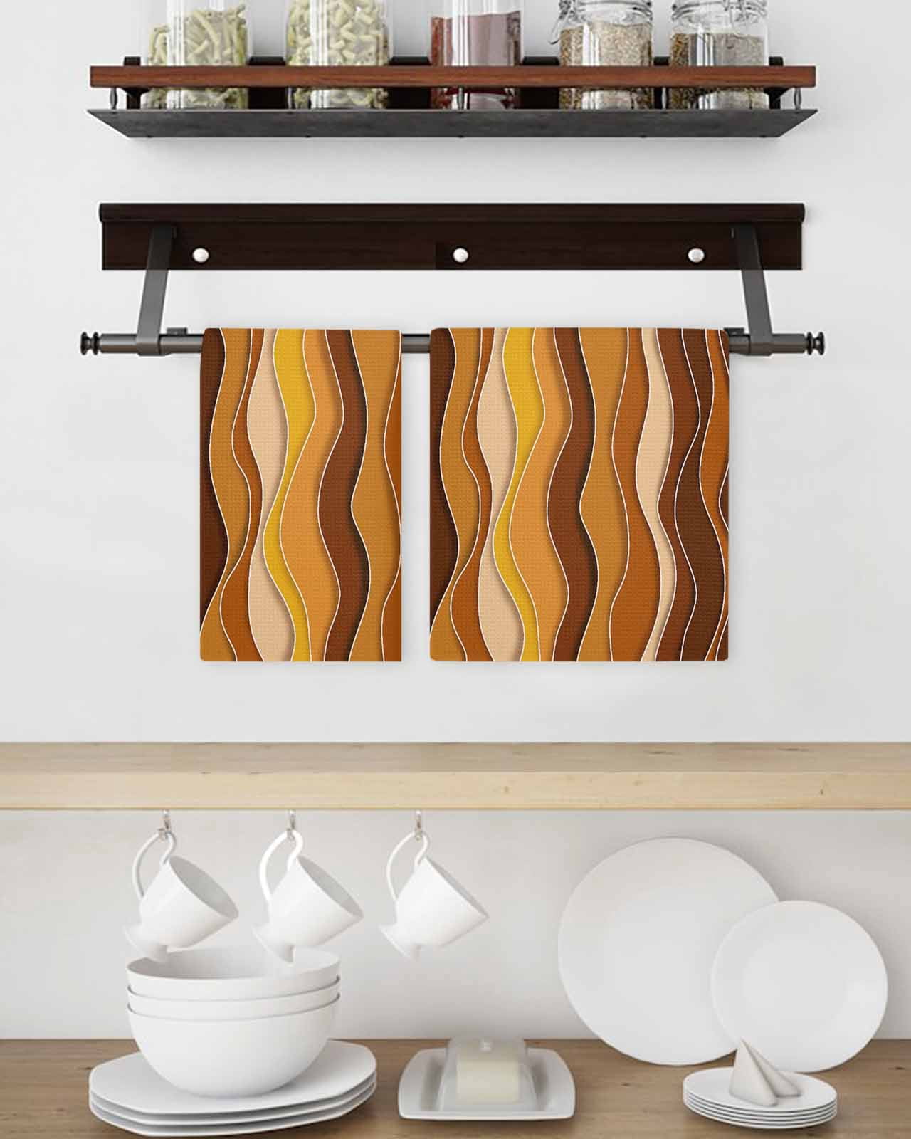 Burnt Orange Ombre Kitchen Dish Towels for Drying Dishes Set of 4, Abstract Art Moire Ocean Waves Waffle Weave Microfiber Terry Hand Tea Bathroom Towels Quick Dry & Absorbent Towel 15.7x23.6