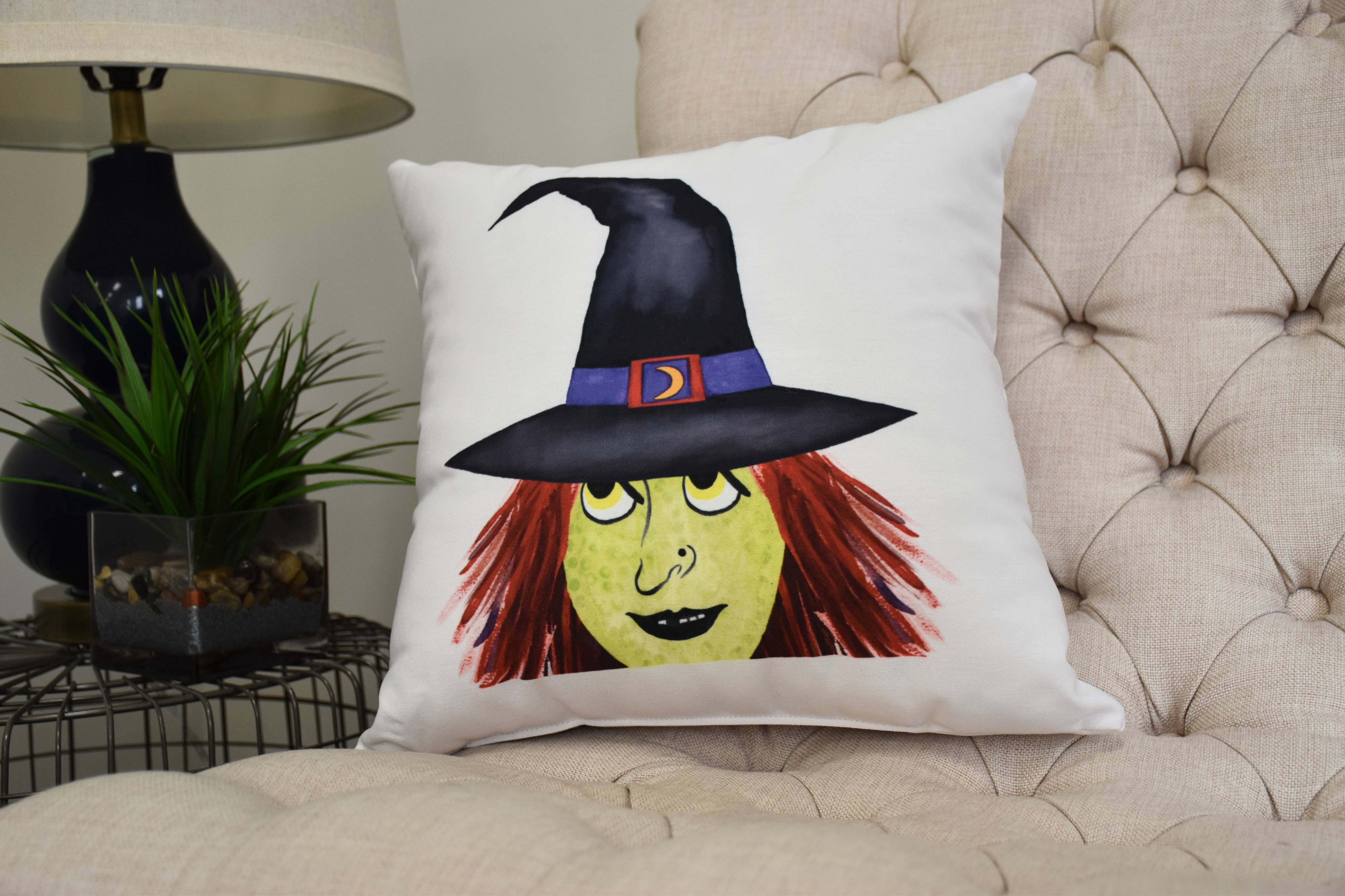 Peek A Boo Witch 16 Inch Cream Halloween Print Decorative Throw Pillow