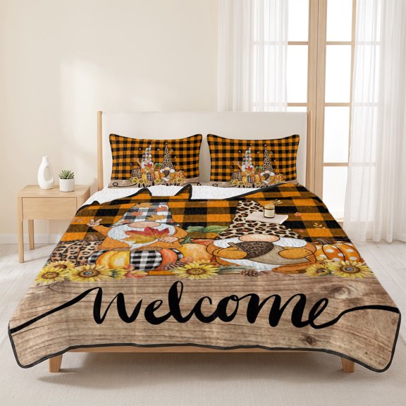 3 Piece Summer Bed Quilt Set King Size,Thanksgiving Autumn Pumpkin Gnome Lightweight Bedspread Coverlet with 2 Pillowcases Orange Black Plaid Soft Comforter Bedding Quilts for All Season