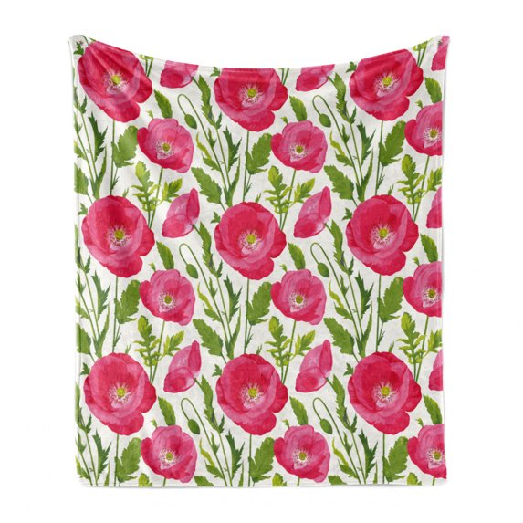 Poppy Flower Soft Flannel Fleece Blanket, Leaves and Petals Watercolors Bouquet Romance Inspiration Valentines Day, Cozy Plush for Indoor and Outdoor Use, 60" x 80", Green Pink Cream, by Ambesonne