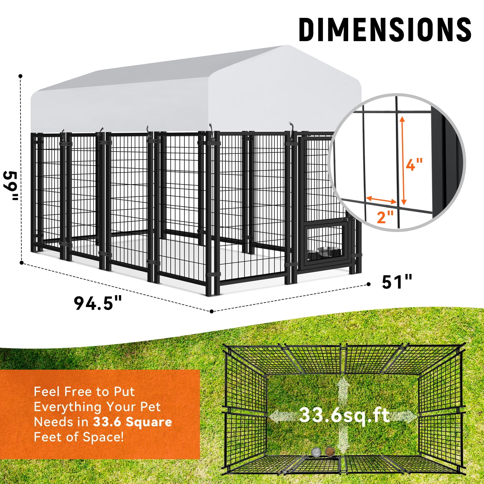 WOKEEN 8 x4 x5FT Outdoor Large Dog Kennel, Heavy Duty Modular Dog Cage with Waterproof Cover, Dog Playpen with 2 Rotating Bowls & Secure Lock for Patio, Garden, Backyard