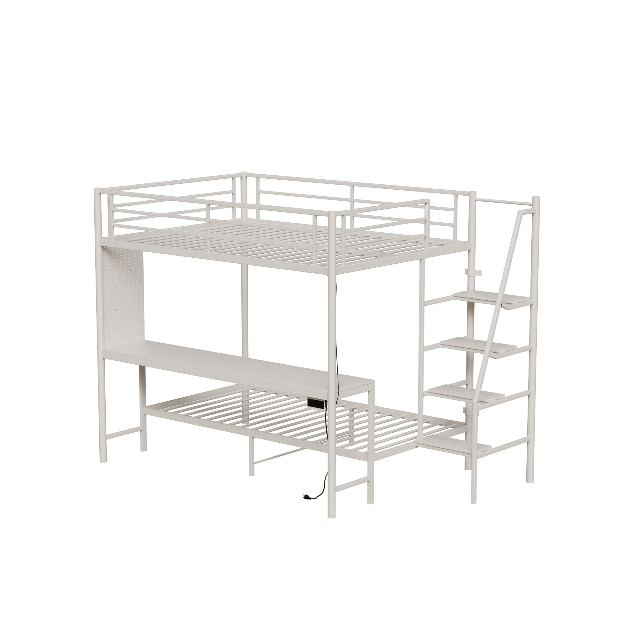 Leumius Full over Full Bunk Bed with Desk and Storage Stairs,Metal Bed Frame with Full Length Guardrails and Ladders, White