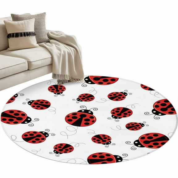 Cartoon Ladybug Round Area Rug 4 FT, Non Slip Indoor Outdoor Rug, Funny Animals Dot Modern Simple Washable Soft Circular Carpet Non-Shedding Floor Mat for Coffee Table Nursery Foyer Balcony