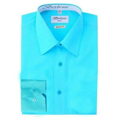 Berlioni Italy Solid Mens Dress Shirt Italian French Convertible Cuff Teal 