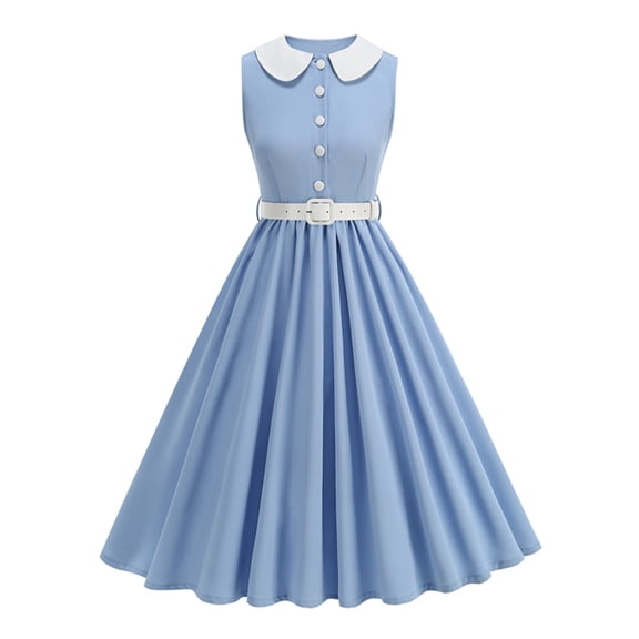 Women's Vintage 1950s Audrey Hepburn Style Midi Dress Sleeveless Peter Pan Collar Belted Fit and Flare Swing Dress Rockabilly Cocktail Party Tea Dress