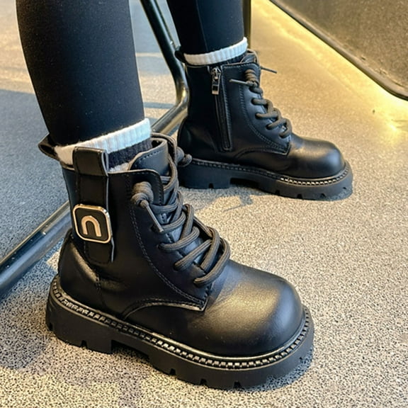 SUNVIT Black Size 27 Girls' Combat Boots - PU Material with Side Zipper & Thick Sole, Comfortable for 4-12 Yrs, Easy Clean for School/Everyday Wear