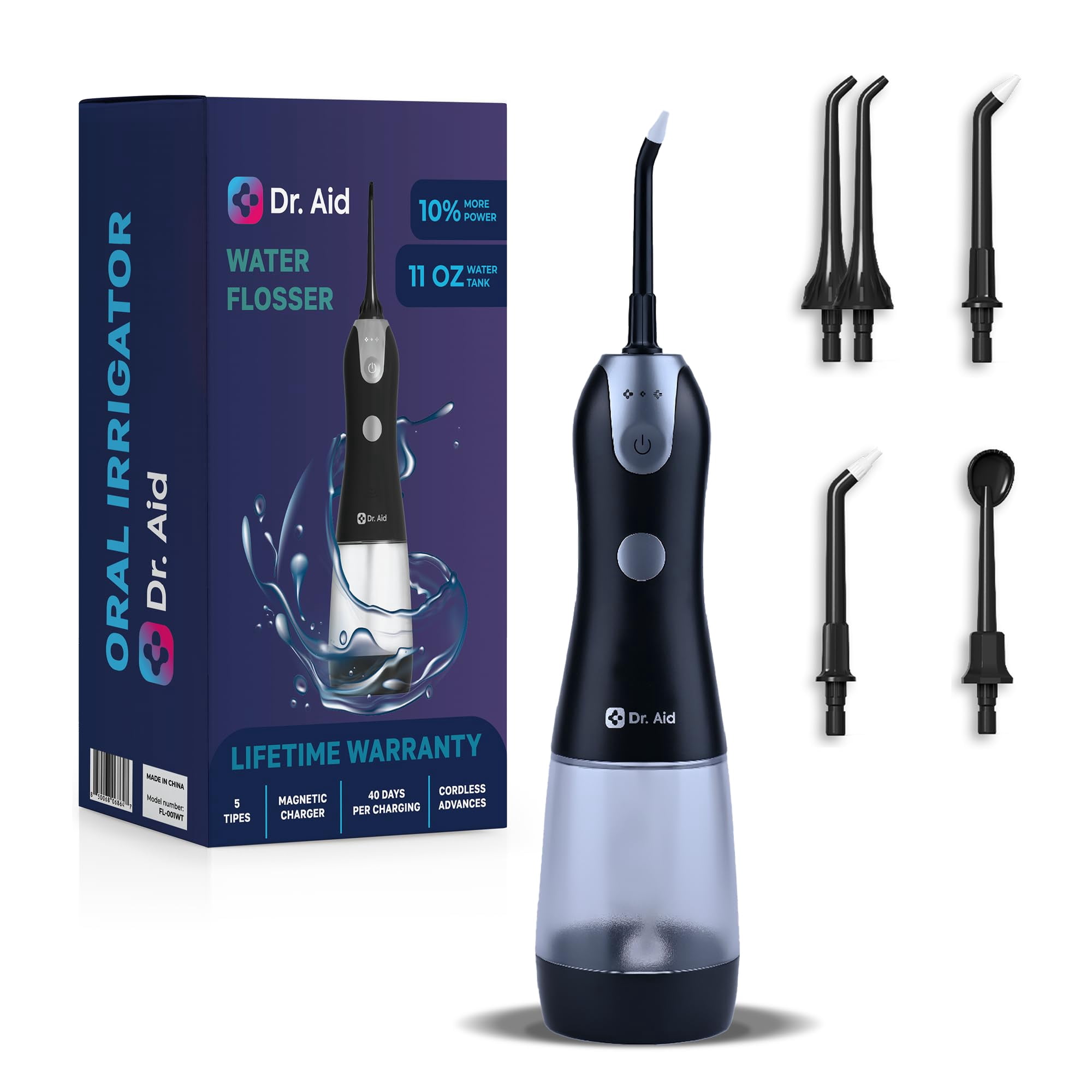 Dr. Aid Dental Water Flosser – Portable Oral Irrigator – 11Oz Tank, Water Filter, 5 Tips, Magnetic Charger – IPX8 Waterproof Cordless Water Flosser, Ideal Water Flossers for Teeth, Gums, Braces,Black