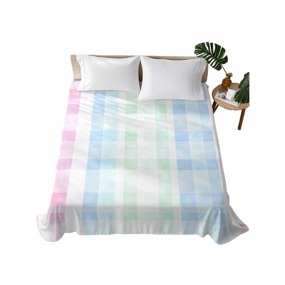 Full Size Flat Sheet Only, Blue Pink Plaid Soft Brushed Microfiber Bed Sheets, Pastel Green White Buffalo Patchwork Hotel Quality Breathable Bedding Top Sheet, Easy Care, 81"x96"