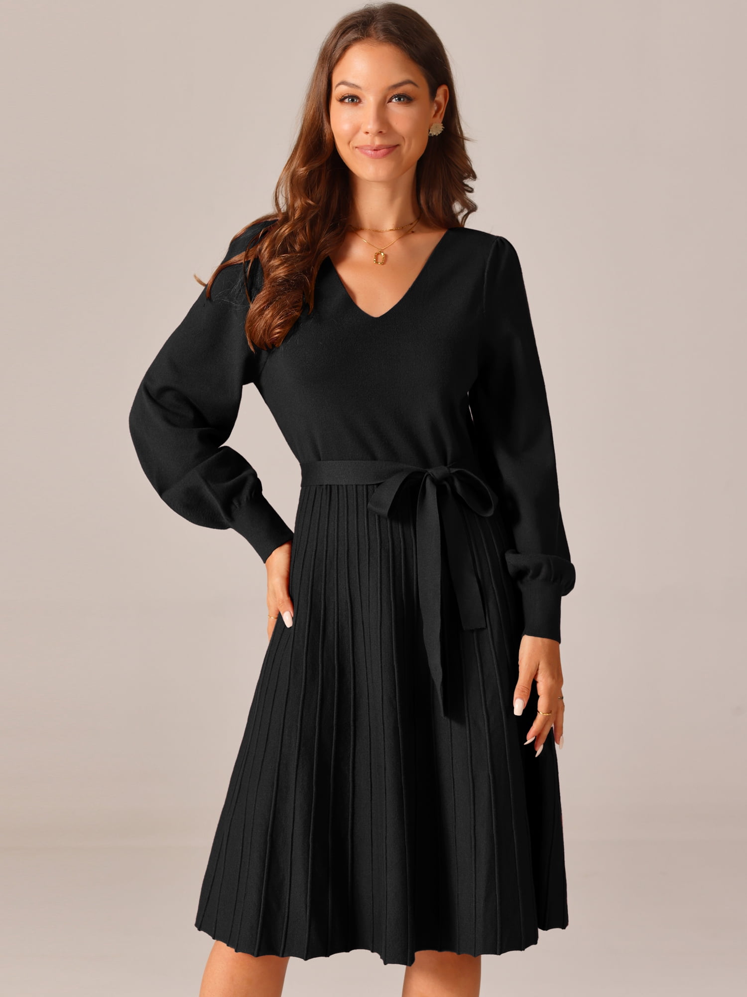 DARING DIVA V Neck Long Sleeve Tie Waist Pleated A-Line Midi Dress L Black