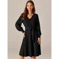 thumbnail image 3 of DARING DIVA V Neck Long Sleeve Tie Waist Pleated A-Line Midi Dress S Black, 3 of 6