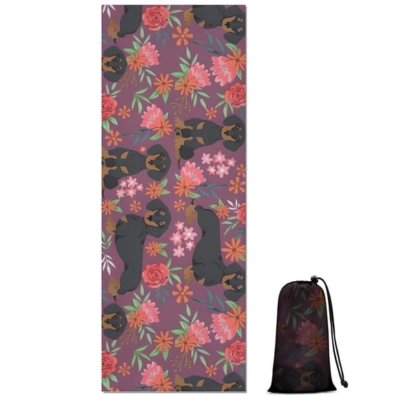 Dachshund Dog and Flower Floral Hot Yoga Mat Towel Non Slip for Hot Yoga - Quick-Drying Yoga Mat Cover with 4 Corner Pockets with Travel Bag - Hot Yoga Towel Non Slip 70"x26"