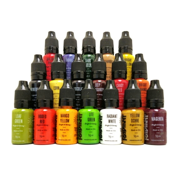 Radiant Colors 18 Colors Fruit Tattoo Ink Set - Tattooing Inks Fluid Vegan Pigments 18 x 1/2oz Bottles