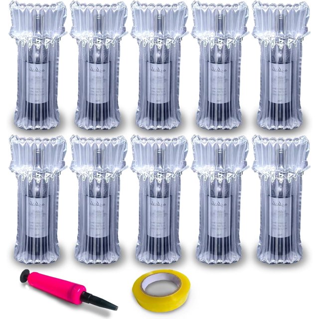 Rhsaae Thicken 16 Air Columns Wine Bottle Protector, 10PCS Upgrade Wine Bottle Travel Protector Bags with Tape and Pump, Reusable Inflatable Air Column Packaging Bubble Bag for Wine Transportation