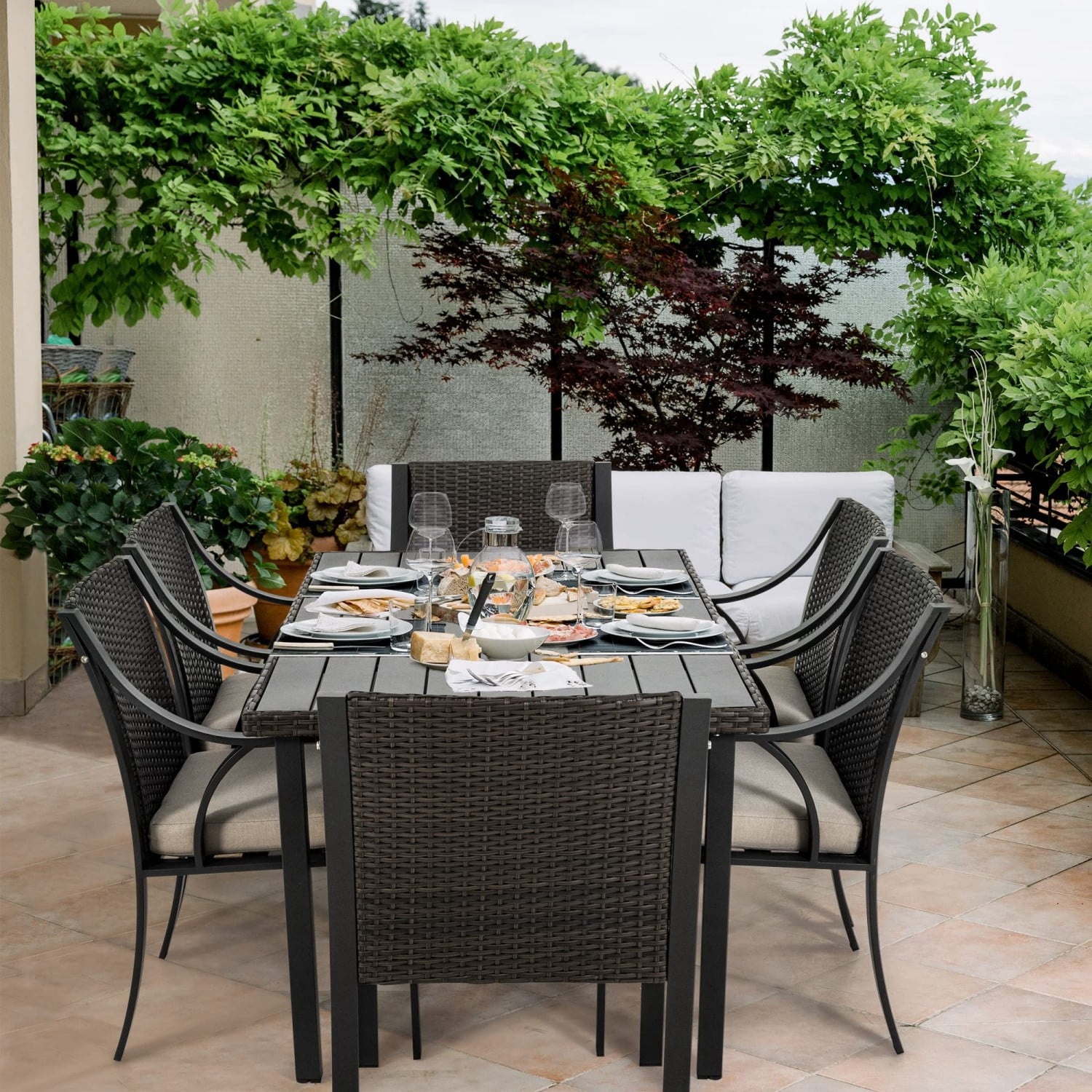 Wicker Outdoor Dining Table with Wood Top, 60" Rectangle Patio Table for 6, Rattan Dining Table with Steel Frame for Backyard Deck Garden, Gray