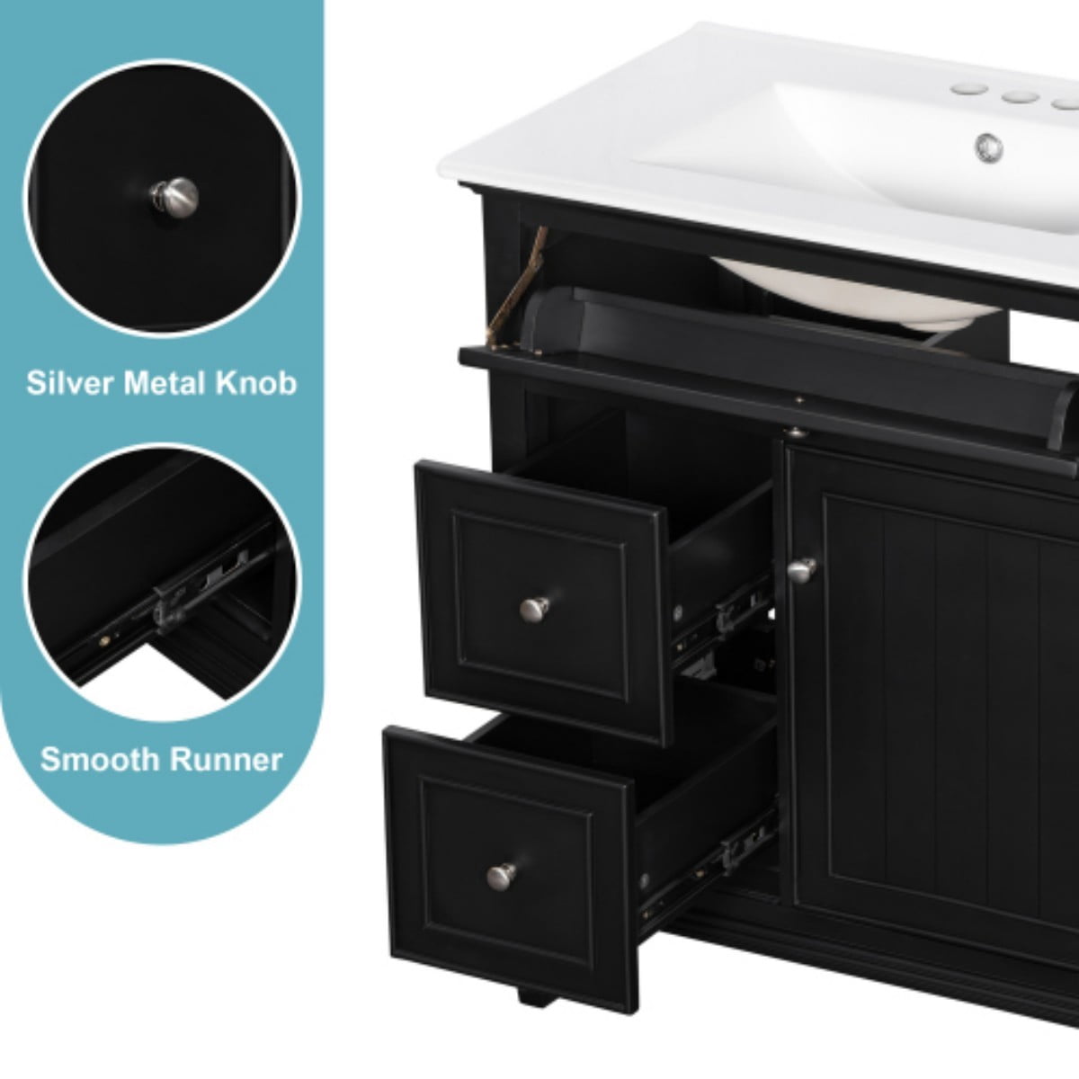 30" Bathroom Vanity with Sink, Modern Bathroom Cabinet with Ceramic Vanity Sink, Solid Wood & MDF Storage Cabinet with Flip Drawer, Adjustable Shelf, Black