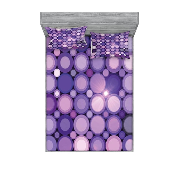 Ambesonne Modern Fitted Sheet & Pillow Sham Set, Geometric Violet Circles, Queen, Pale Pink Purple