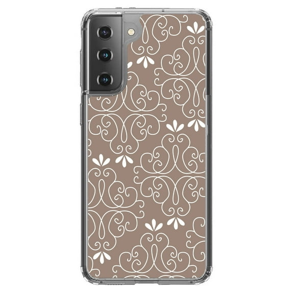 DistinctInk Clear Shockproof Hybrid Case for Galaxy S21 5G (6.2" Screen) - TPU Bumper, Acrylic Back, Tempered Glass Screen Protector - Tan White Floral