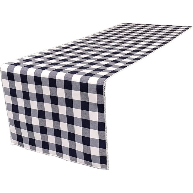 Table Runner LA Linen, poliéster a cuadros, 35 x 275 cm, azul marino y blanco