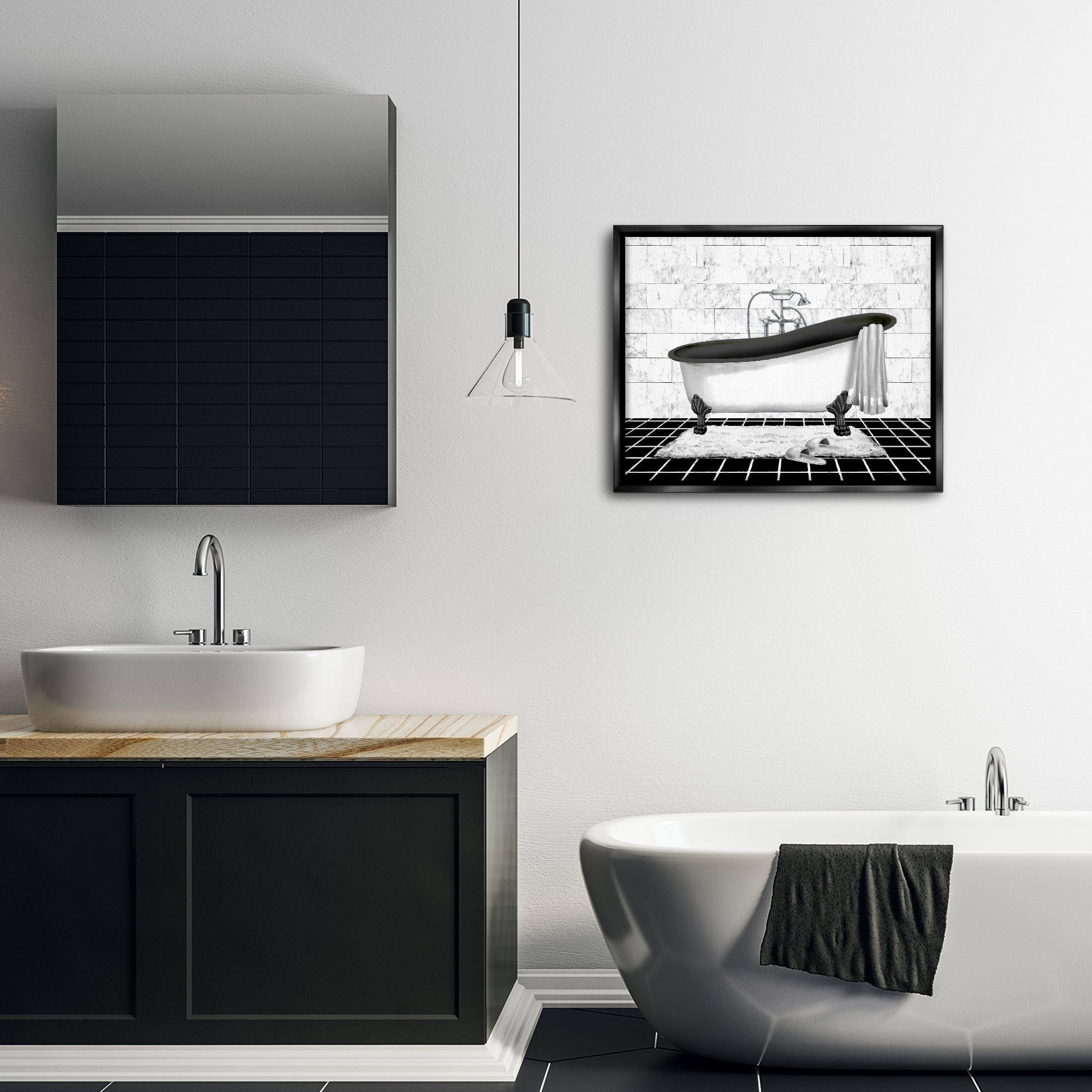 Stupell Industries Marble Pattern Bath Typography Painting Black Floater Framed Canvas Art Print Wall Art, 31 x 25