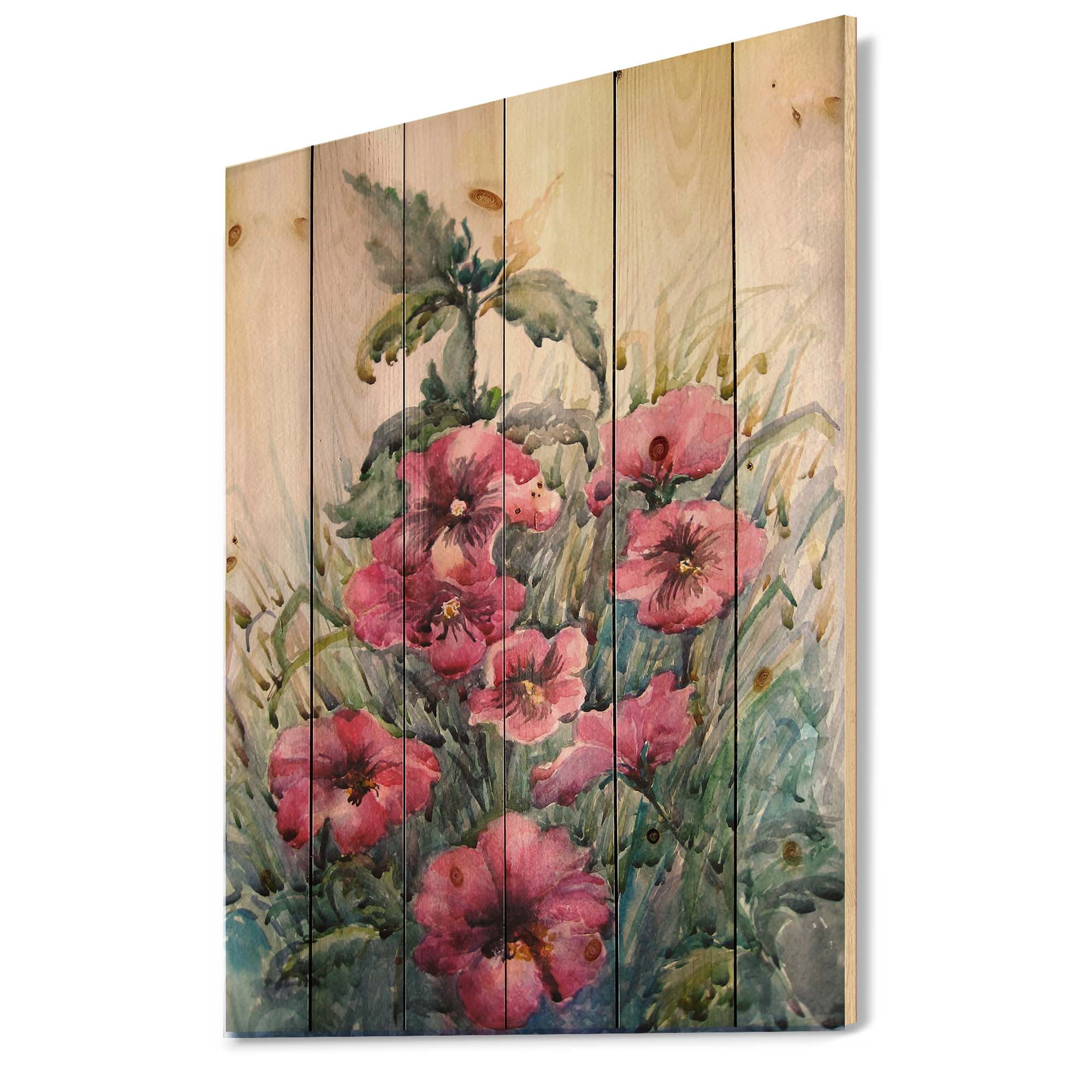 Designart 'Blossoming Hibiscus Flowers In The Wild' Traditional Print on Natural Pine Wood