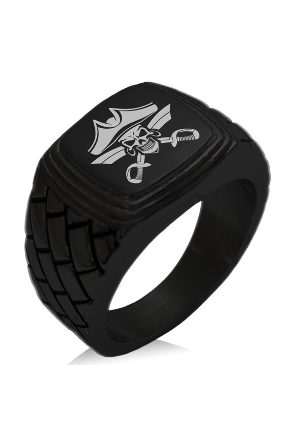 Stainless Steel Jolly Roger Skull Pirates Cross Swords Geometric Pattern Step-Down Biker Style Polished Ring