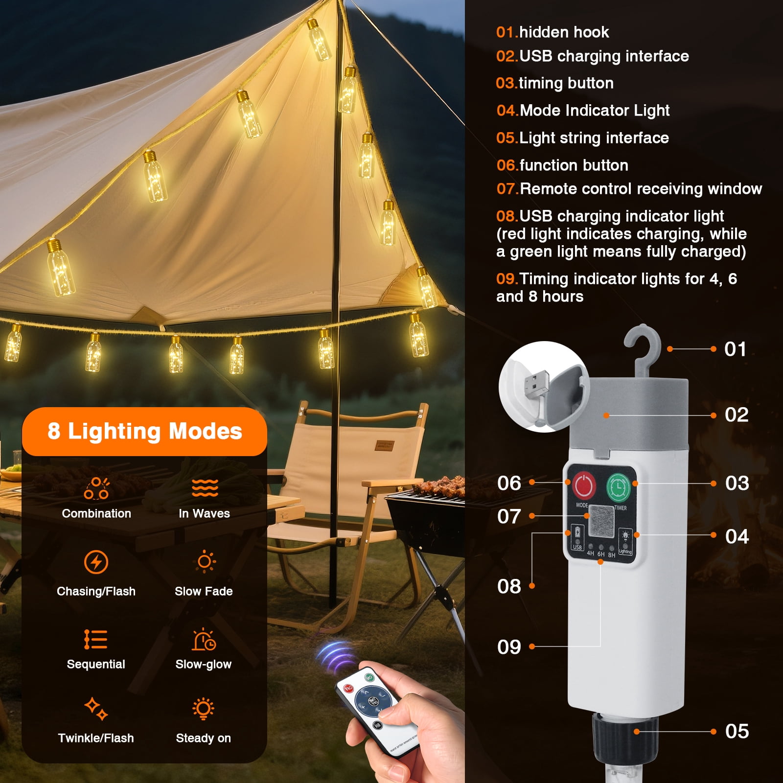 PChero 19.68FT USB Rechargeable Outdoor String Lights with Remote, 10 Shatterproof Bulbs Vintage Hemp Rope Patio Lights, 8 Modes Hanging Fairy Lights for Indoor Outdoor Decor, Balcony, Wedding, Party