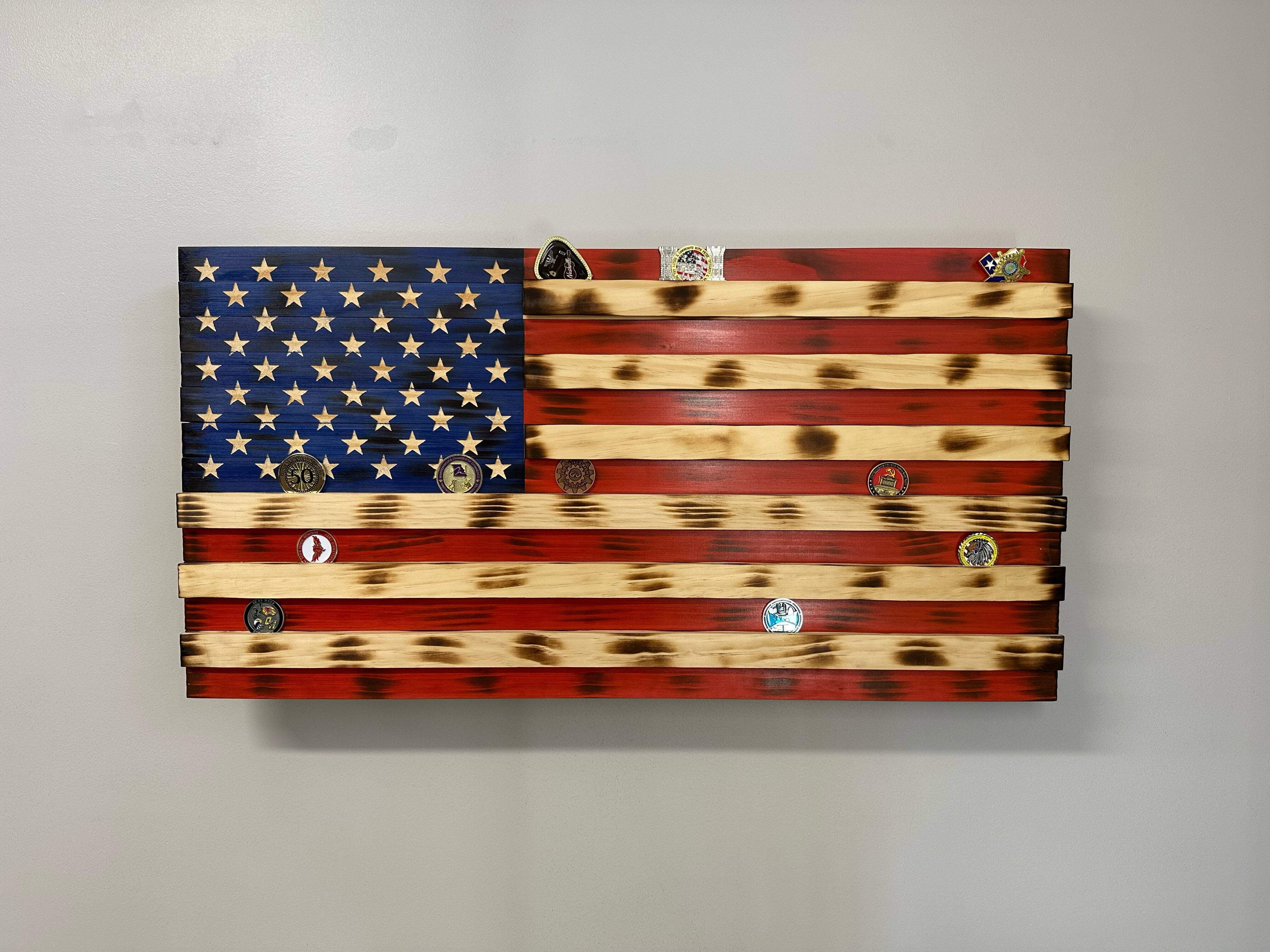 American Flag Challenge Coin Display and Hidden Gun Cabinet, Military Coin Holder Holds 100 Coins by Bellewood Designs