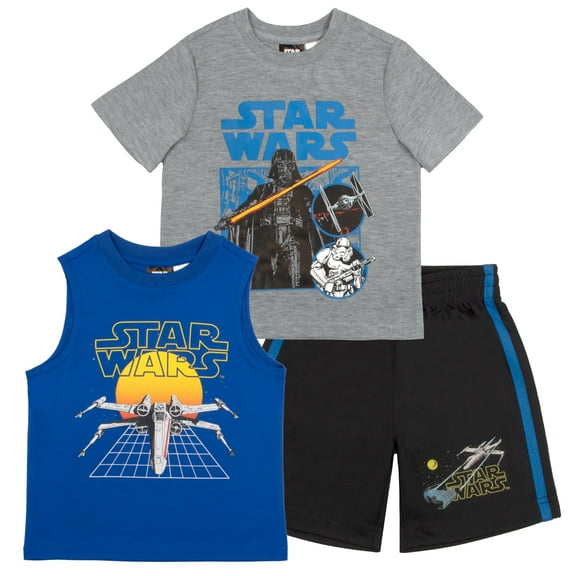 Star Wars Boys 3 Piece Short Set Star Wars Short Sleeve Shirt Tank Top Shirt and Shorts 3 Pack Bundle Set for Kids Toddlers (Size 3T-8)