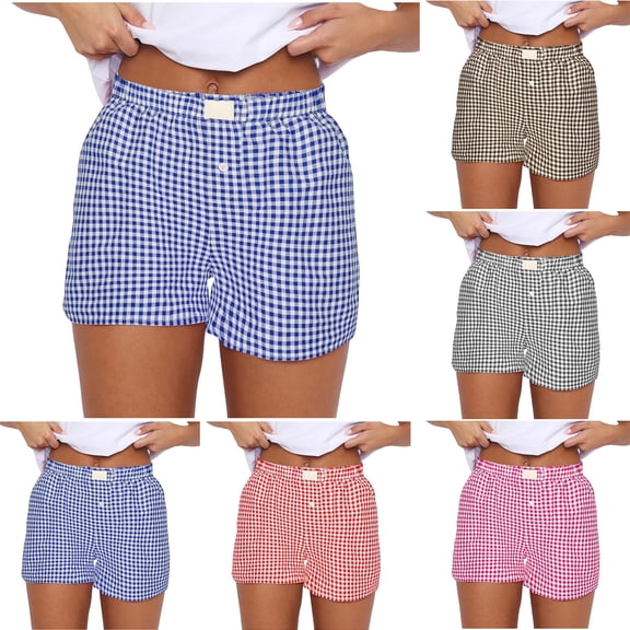 Admvng Womens Shorts Gingham Checkered Boxer Elastic Waist Everyday Shorts