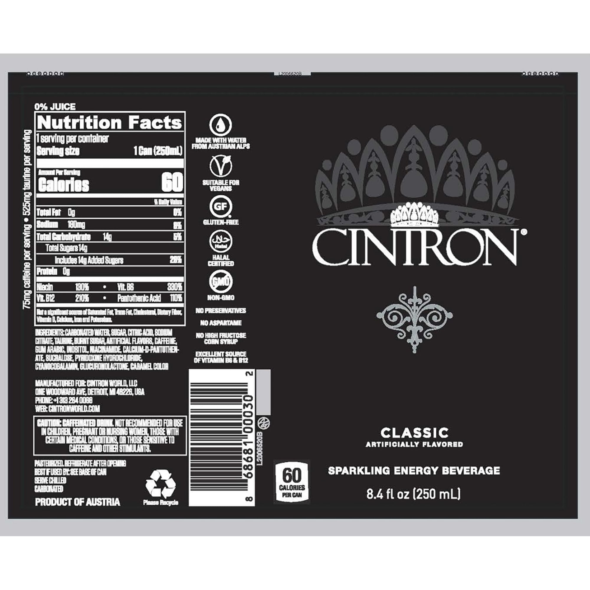 Cintron Sparkling Energy Drink Classic 6PK-Fashion & Function plus Socially Responsible, Great Taste, Healthy Alternative W/ Less Calories, Sugar & Caffeine Levels BUT Delivers Long-lasting Energy