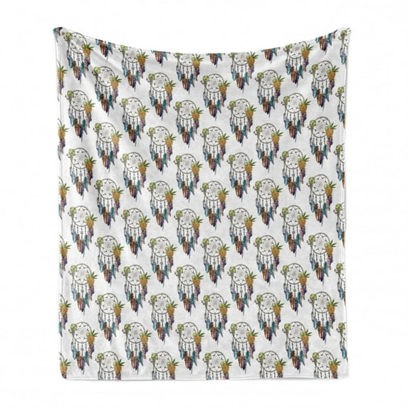 Dreamcatcher Soft Flannel Fleece Throw Blanket, Meshed Loop Bird Feathers Floral Ornaments Tribal Rhythmic Print, Cozy Plush for Indoor and Outdoor Use, 50" x 60", Multicolor, by Ambesonne