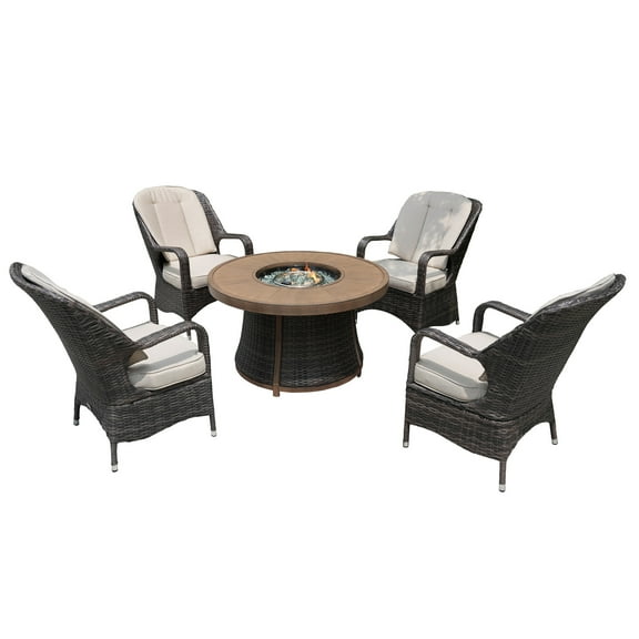 5-Piece Outdoor Wicker Round Firepit Dining Table Set with 4 Rattan Chairs, Brown