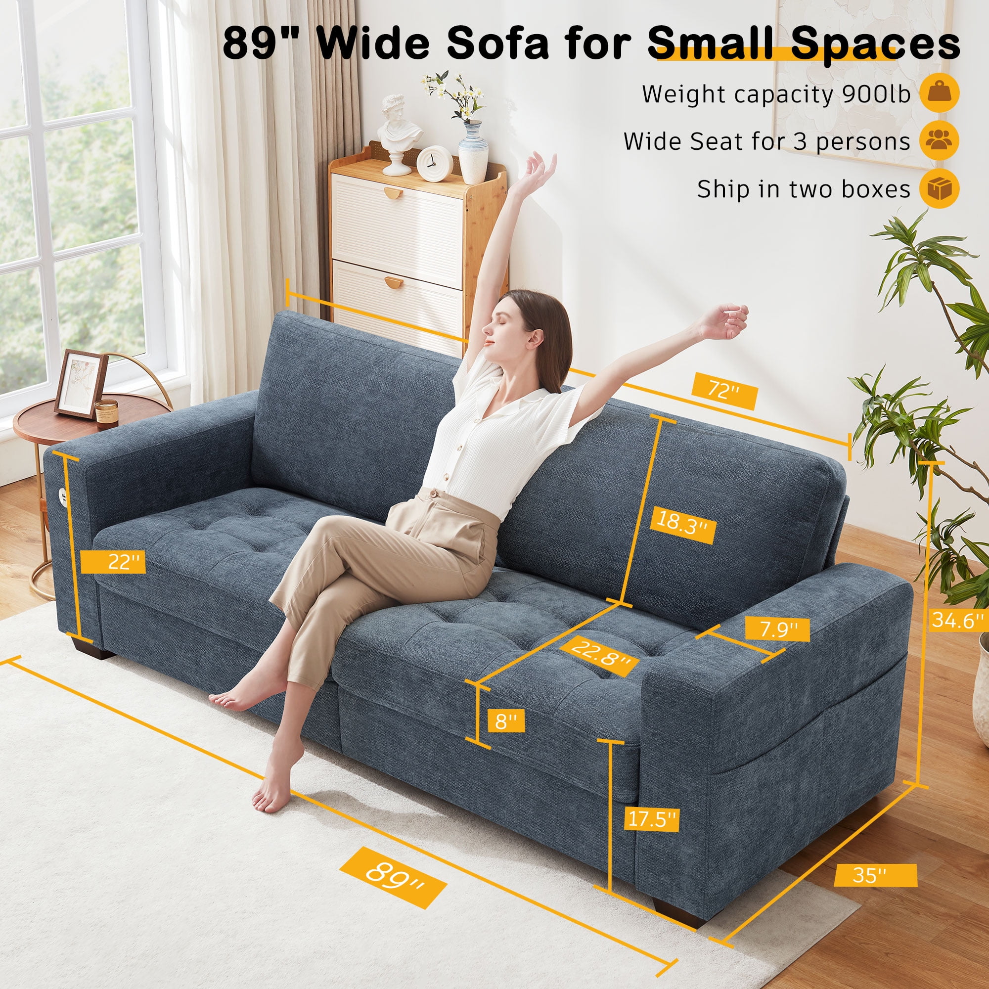 Bedluxury 89" Deep Sofa Couch with USB/Type-C Charging, Storage Pocket & Wide Armrest, Removable Cover, Seats 3 Adults, Chenille Blue