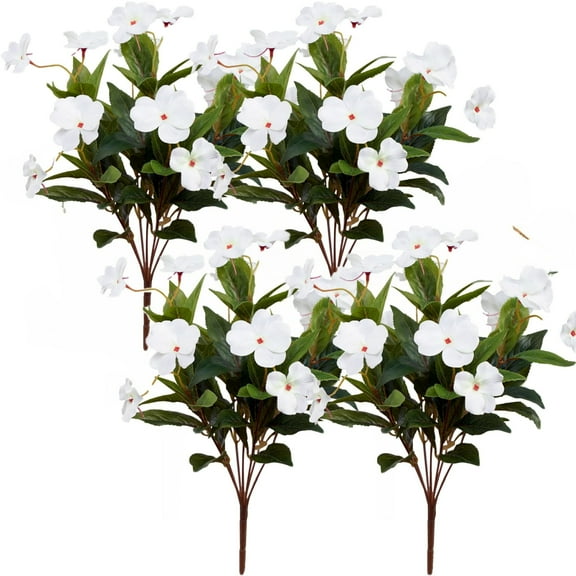 4 Pcs Artificial Flowers Outdoor Impatiens Silk Impatiens Flowers 15.74" White Faux Flowers Impatiens Bushes UV Resistant Artificial Impatiens for Pot Patio Lawn Garden Hanging Basket Porch Decor