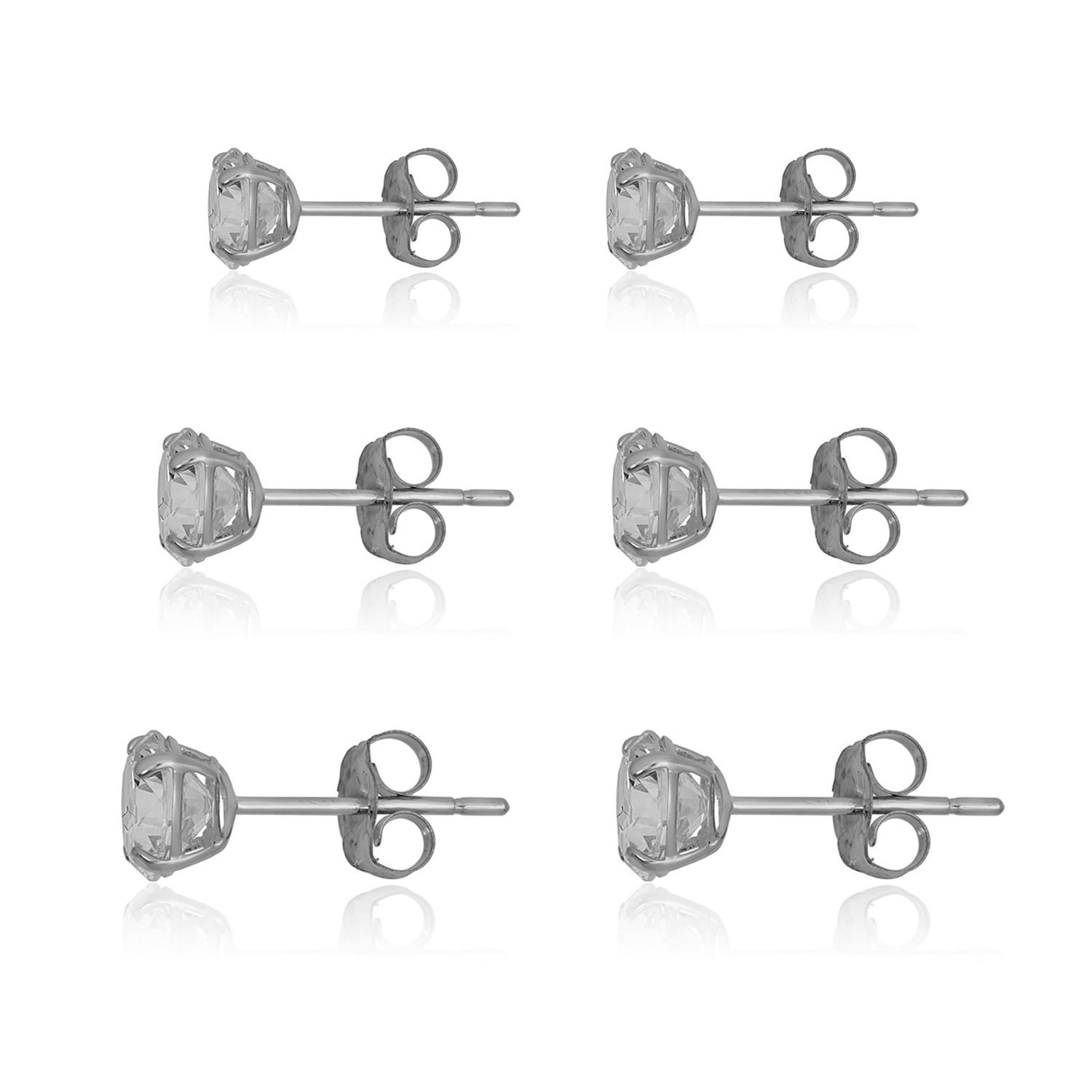 AVORA 3-pair 10K White Gold Round Simulated Diamond CZ Stud Earrings Set, (4mm,5mm & 6mm)