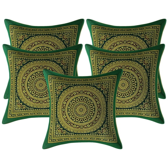 Stylo Culture Indian Zippered Sofa Brocade Dark Green And Gold Decorative Throw Pillow Covers 12x12 Jacquard Weave Banarasi Throw Pillow Cases Mandala Floral 30x30 cm Cushion Covers (Set Of 5)