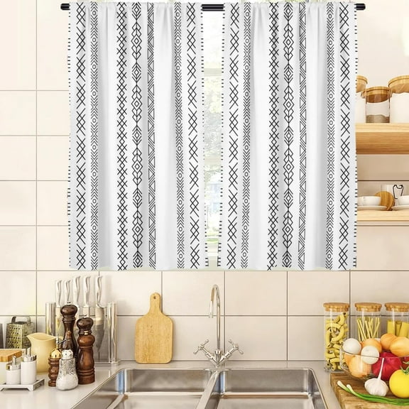 Boho Kitchen Curtains Black and White Geometric Modern Farmhouse Abstract Small Short 27.5" W x 39" L Window Treatment Tiers for Bedroom Living Room Bathroom 2 Panels Rod Pocket Drapes
