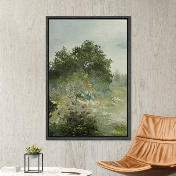 PixonSign Framed Wall Art Pastel Green Forest Field Clearing Floral/Botanical Nature Artwork Rustic Plant Oil Paintings Modern Scenery Canvas Prints Contemporary for Rooms - 16"x24" Black
