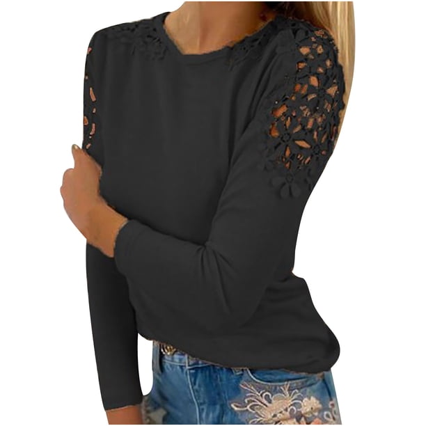 Blusa holgada de manga larga con encaje delgado de color sólido a la moda para mujer Fridja hj1766