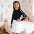 thumbnail image 2 of Girls 2 Piece Outfit Set, Navy Blue Long Sleeve Top with White Flared Skirt, Lace Trim, Elastic Waist, Machine Washable Polyester, Sizes 4-9 Years,Size 8-9 T, 2 of 9