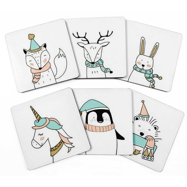 Inkdotpot Set of 6 Drink Coasters Easy Clean 4-Zoll SquareCoastersCork Base-Reusable- Winter Animals