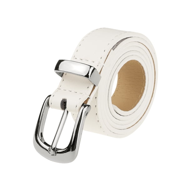 CINTURÓN DE CUERO SINTÉTICO INSPIRADO CHIC para Mujeres con Hebilla de Oro/Plata, Cinturones Casuales de 0.9" de Ancho para Jeans, Pantalones y Vestidos 42.1x0.9" (LxA) Hebilla Plateada-Blanco