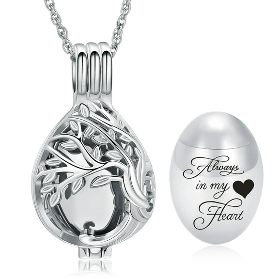 Always in my Heart - Stainless Steel Tree of Life Cut Out Egg Hollow Urn Pendant Cremation Jewelry for Ashes Necklace Memorial Jewelry