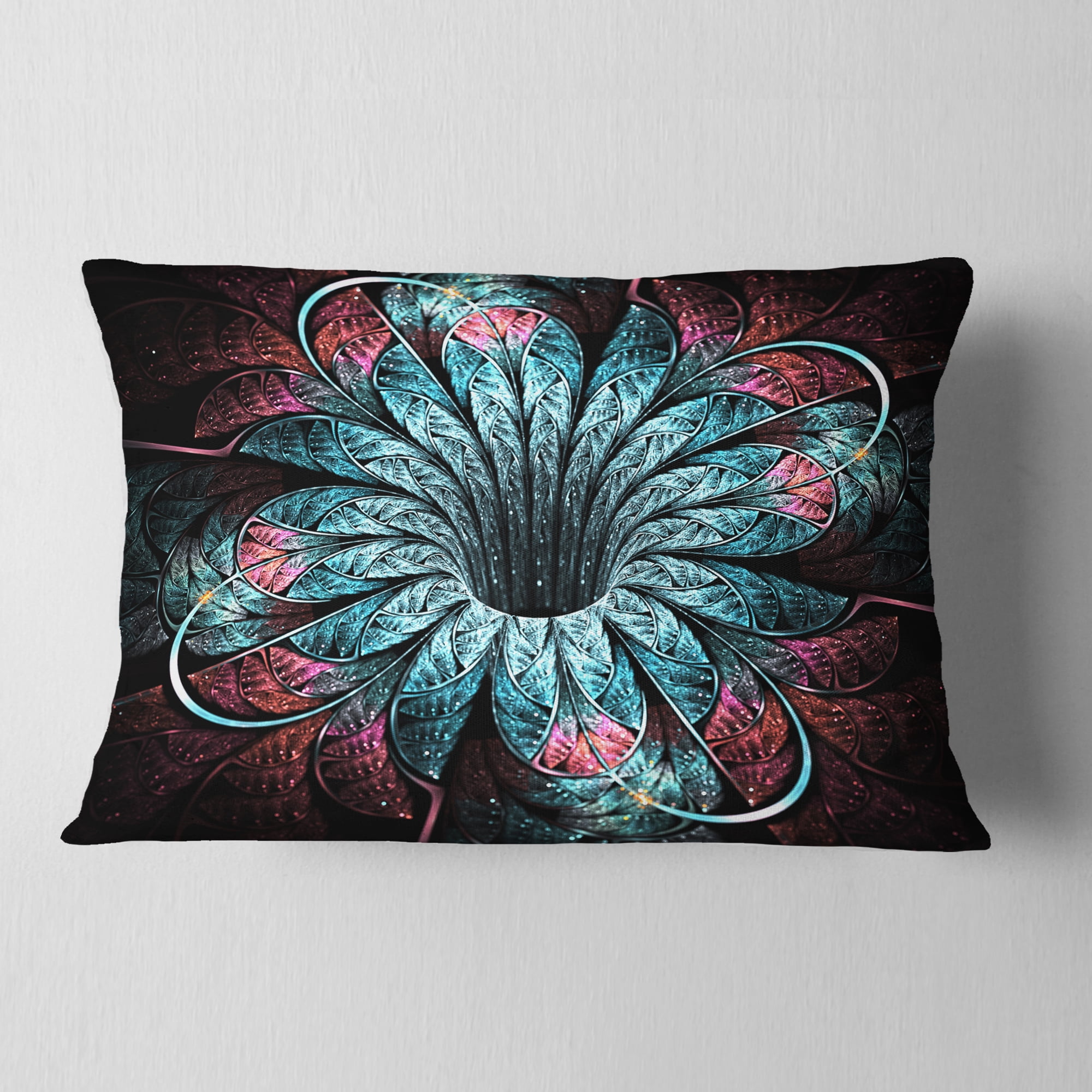 Designart Glittering Dark Fractal Flower Digital Art - Floral Throw Pillow - 12x20